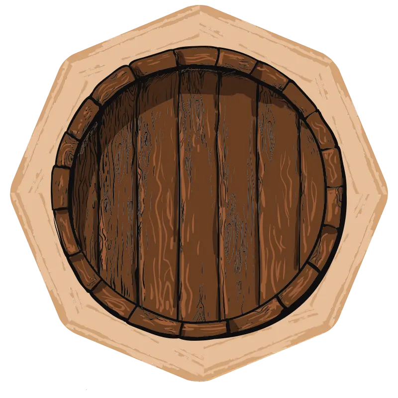 Rekonstruiertes Holzfass mit sechseckigem Rahmen