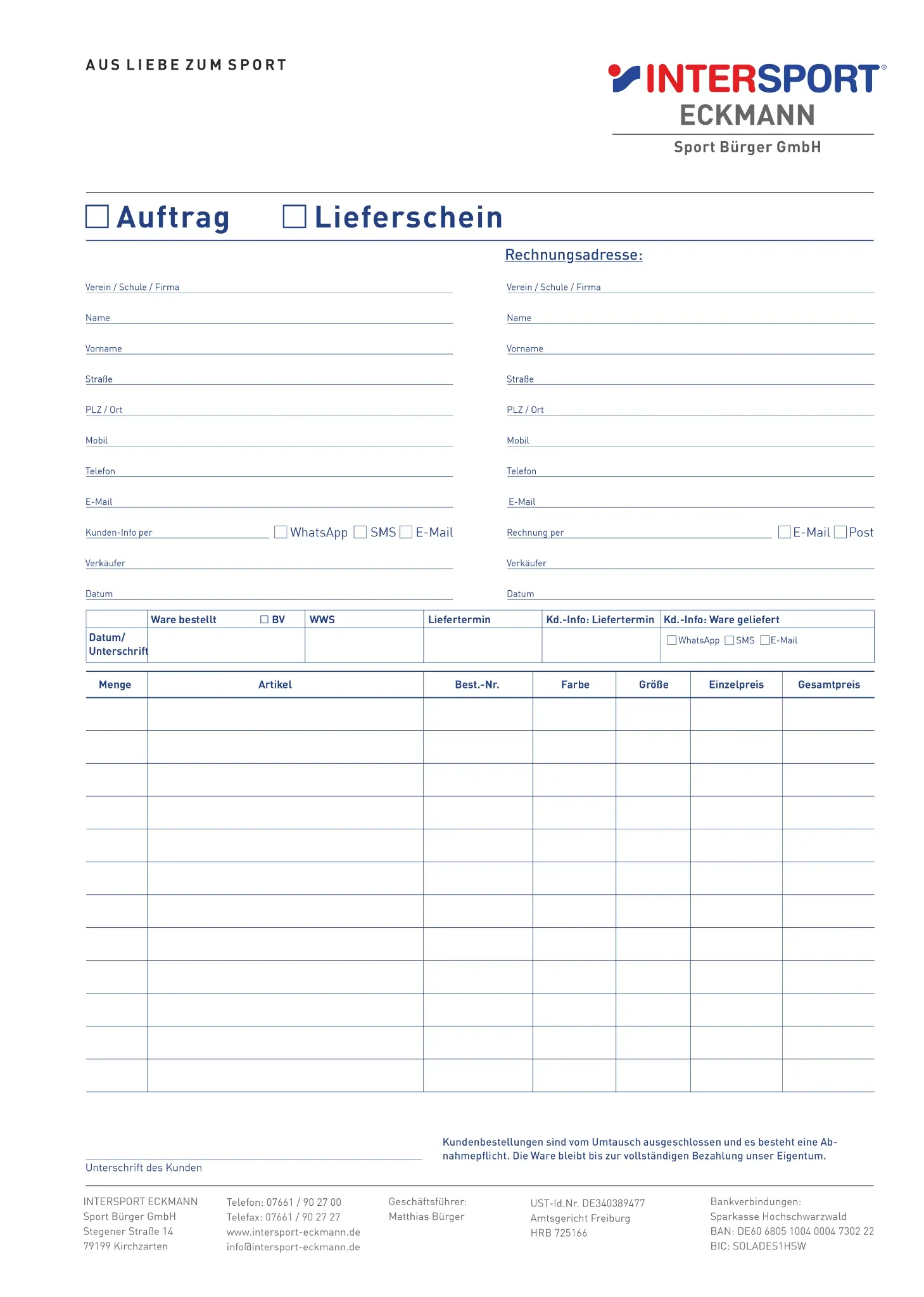 Auftrags- und Lieferscheinformular für Intersport Eckmann