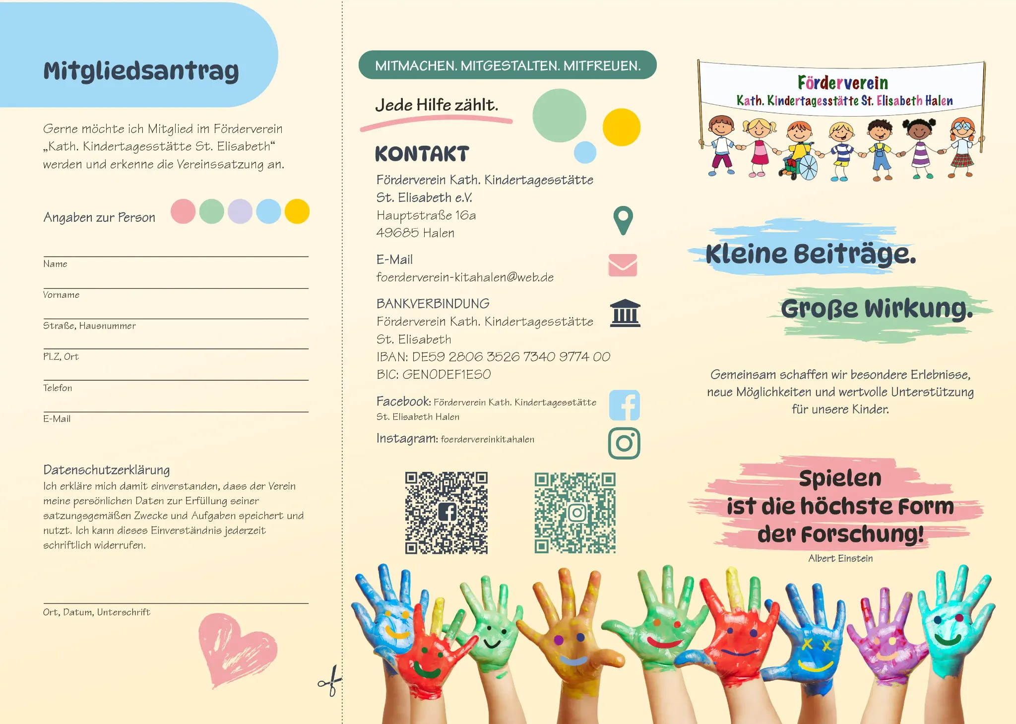 Außenseite des Flyers für den Förderverein der Kindertagesstätte St. Elisabeth Halen