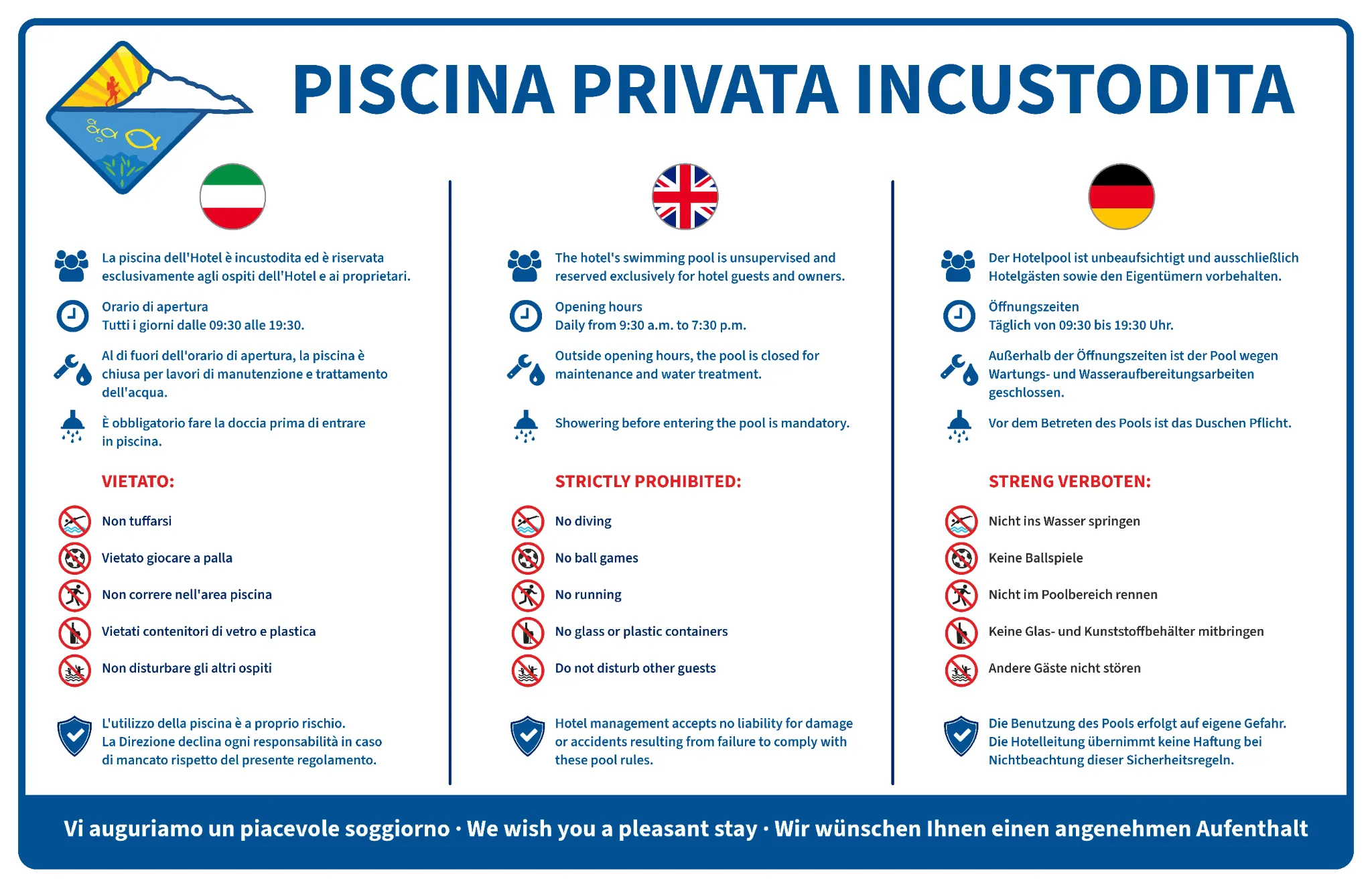 Dreisprachiges Schild mit Poolregeln für ein Hotel auf Sardinien