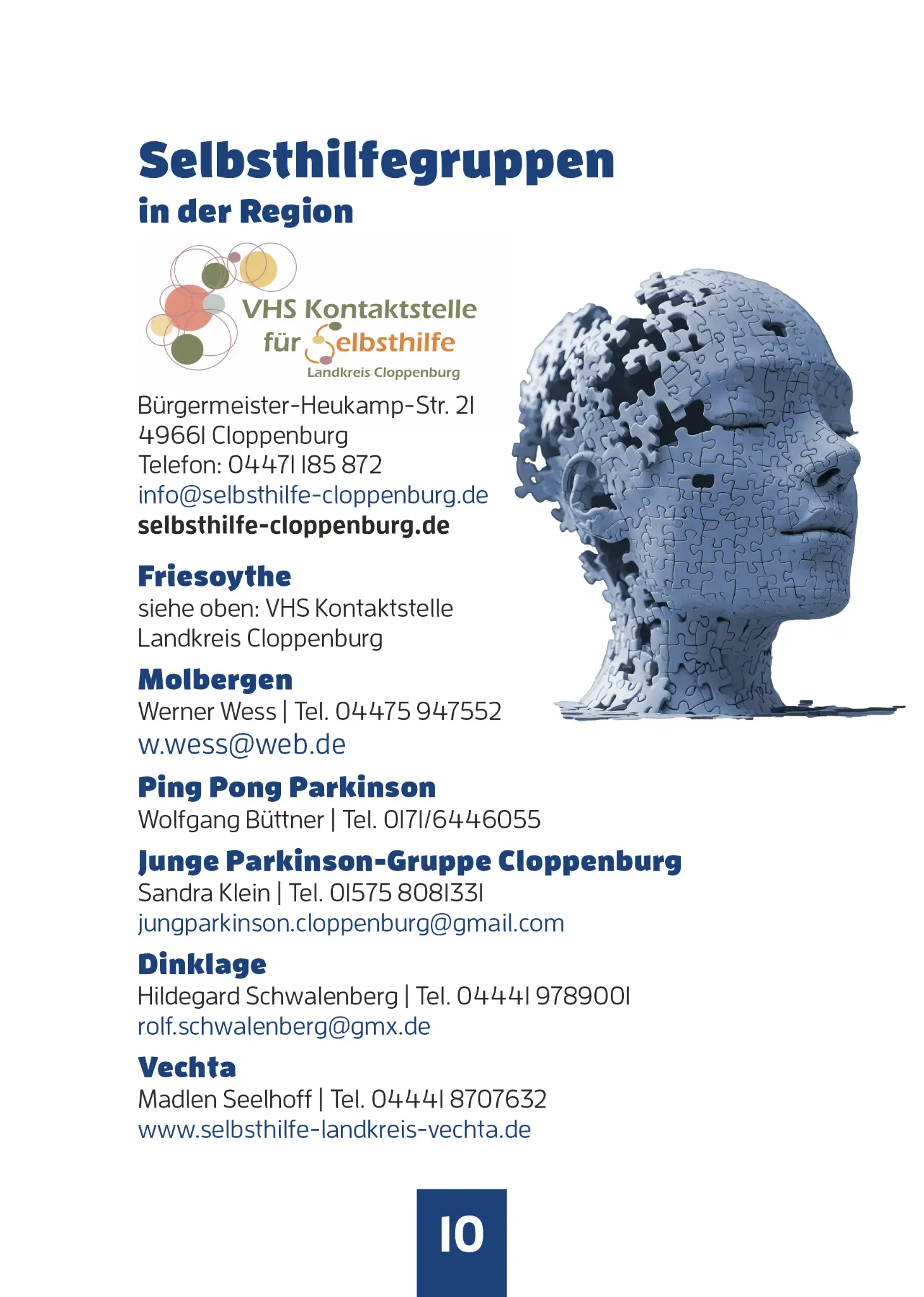 Innenseite des Parkinson-Wegbegleiters mit regionalen Anlaufstellen