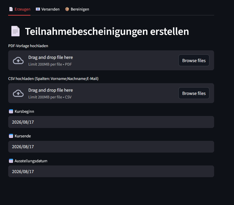 Anwendungsansicht zum Erstellen persönlicher Teilnahmebescheinigungen