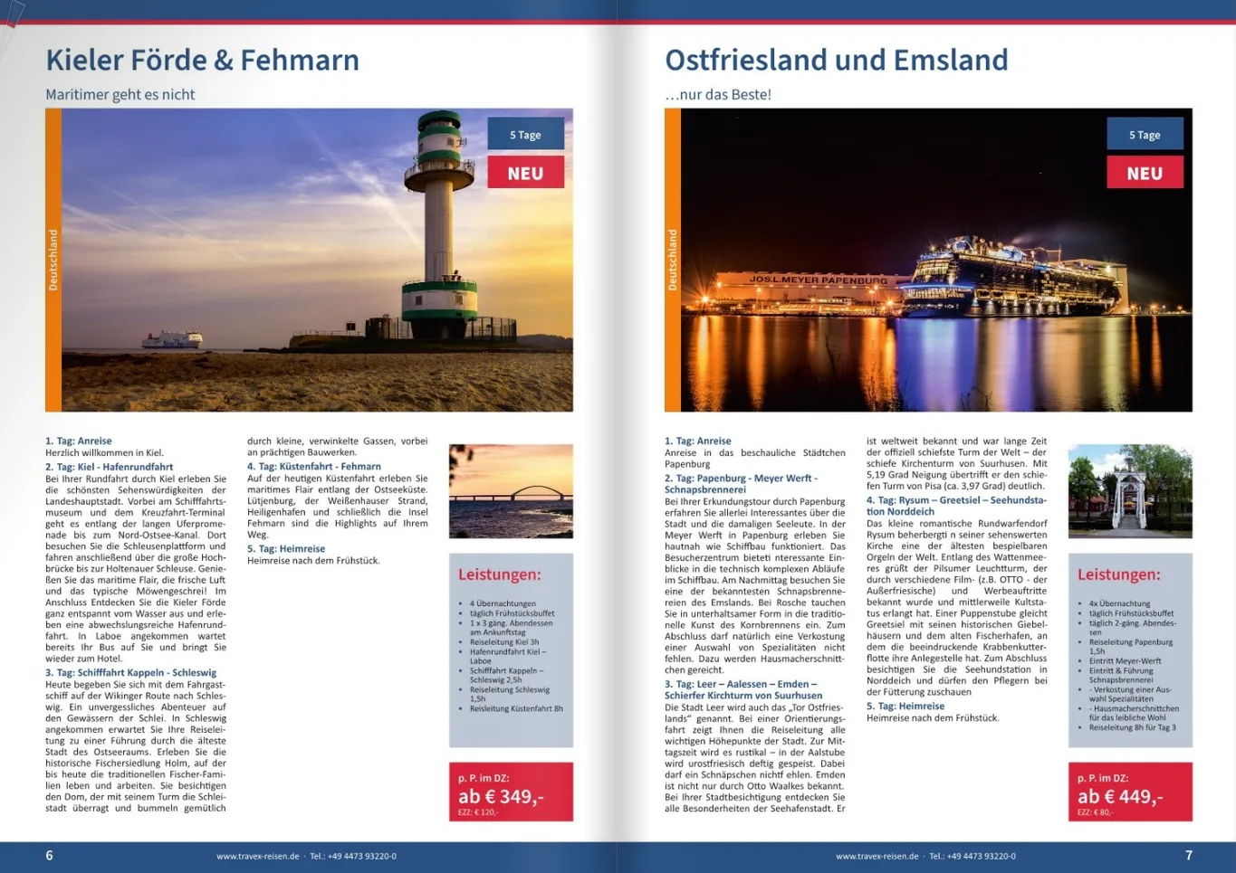 Aufgeschlagene Doppelseite eines automatisch erstellten TRAVEX-Reisekatalogs