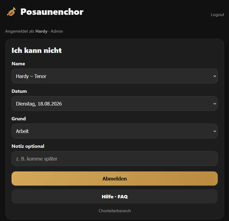 Ausschnitt einer mobilen Anwendung zur Abwesenheitsmeldung in einem Posaunenchor