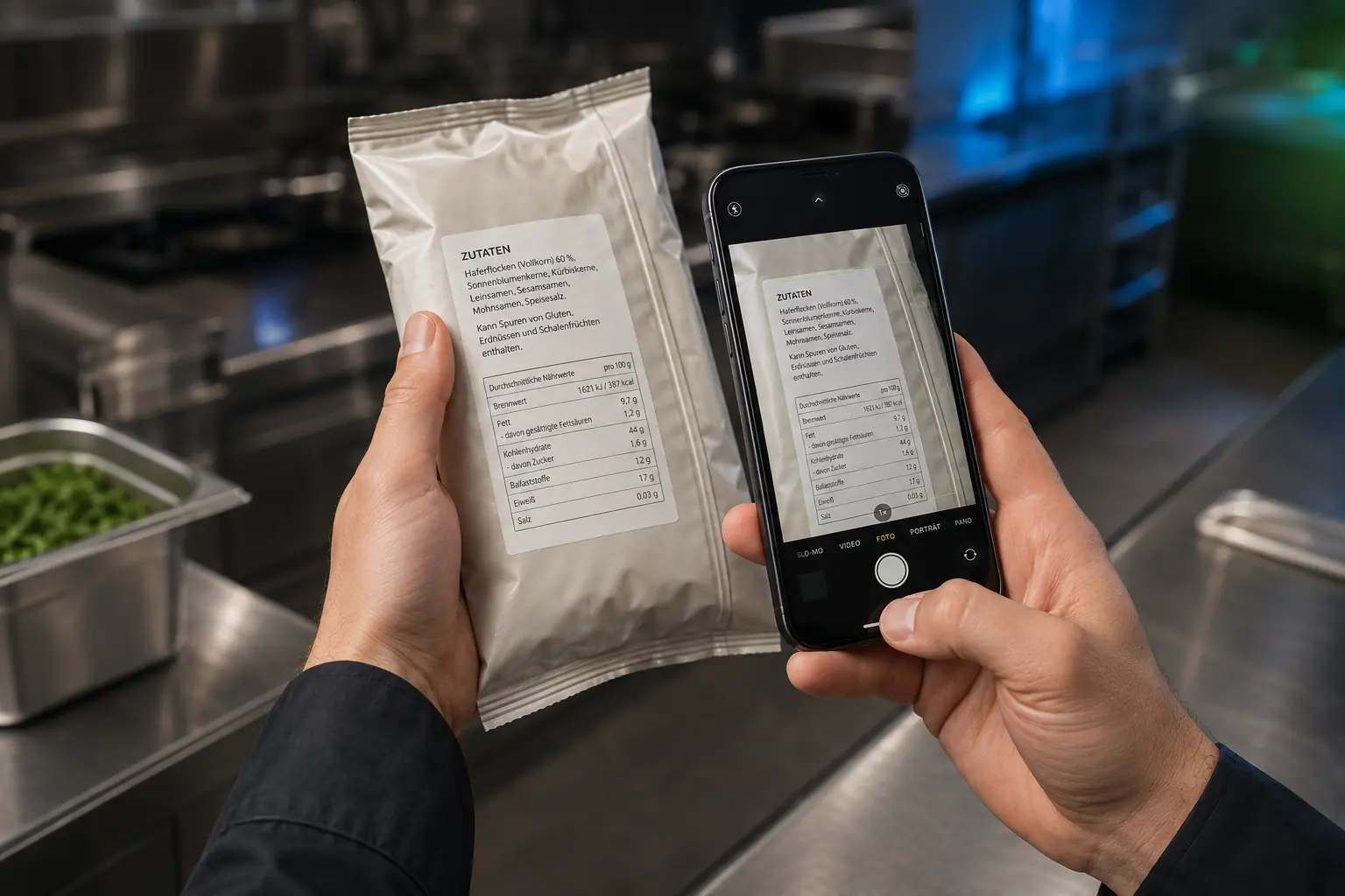 In einer Gastroküche wird die Zutatenliste eines Produkts mit dem Smartphone fotografiert